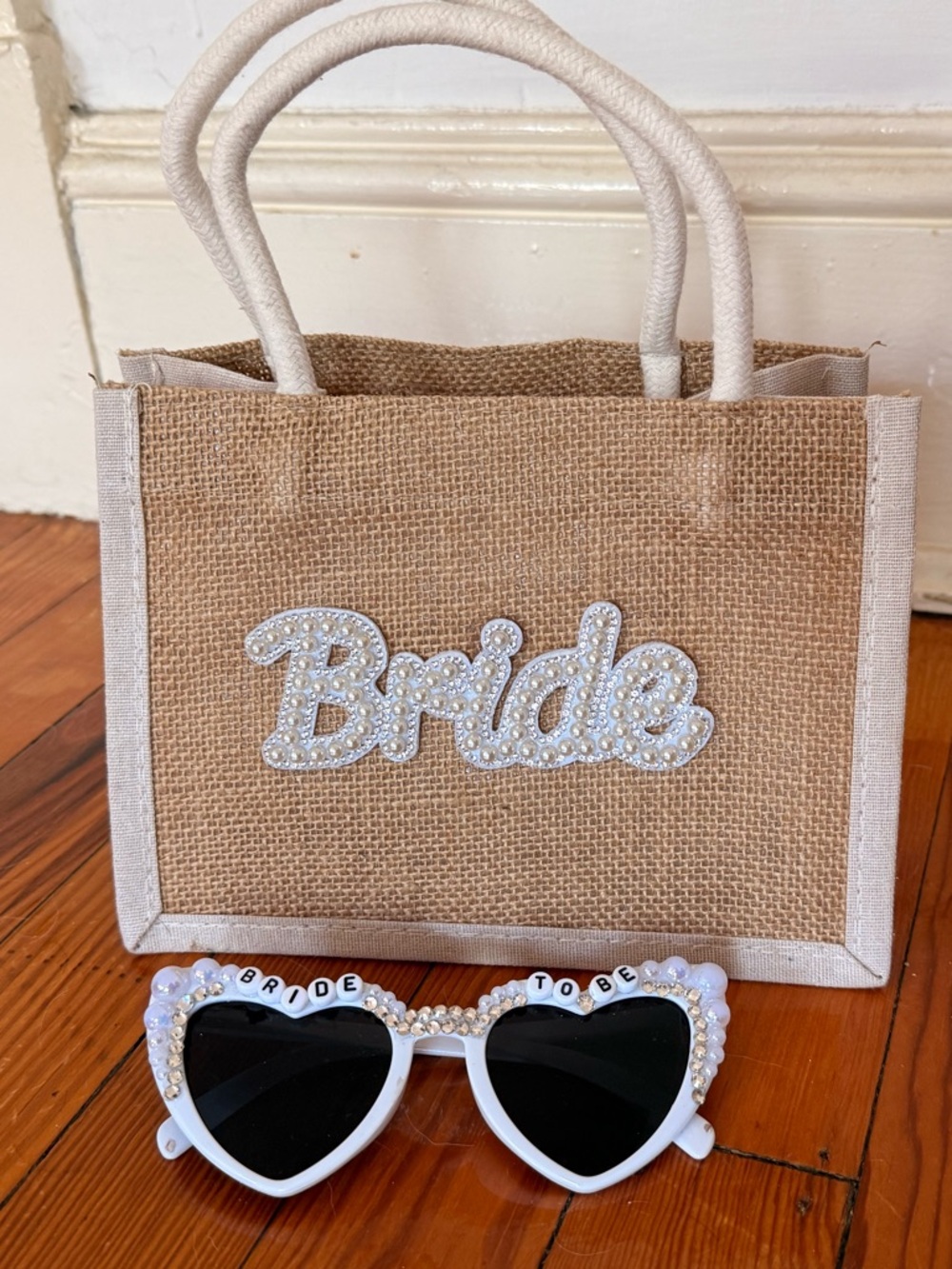 Bride Burlap Tote with Pearls and White Bride Sunglasses